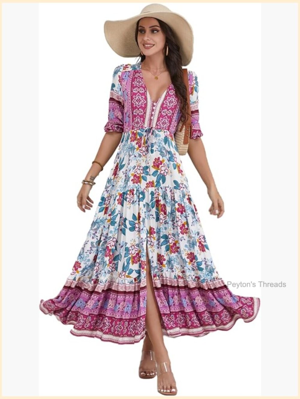V Neck Floral Print Bohemian Maxi Dress Short Sleeve Beach Casual